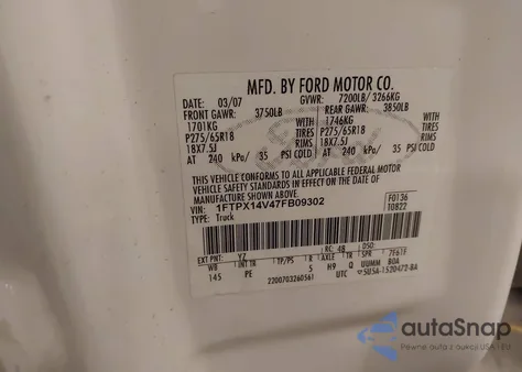 2007 Ford F-150 Fx4/Lariat/Xl/Xlt из США, поврежденный, VIN 1FTPX14V47FB09302